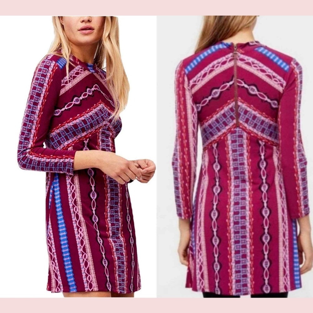 NEW Free People [ Small ] Stella Graphic Boho A-Line Mini‎ Dress in Purple